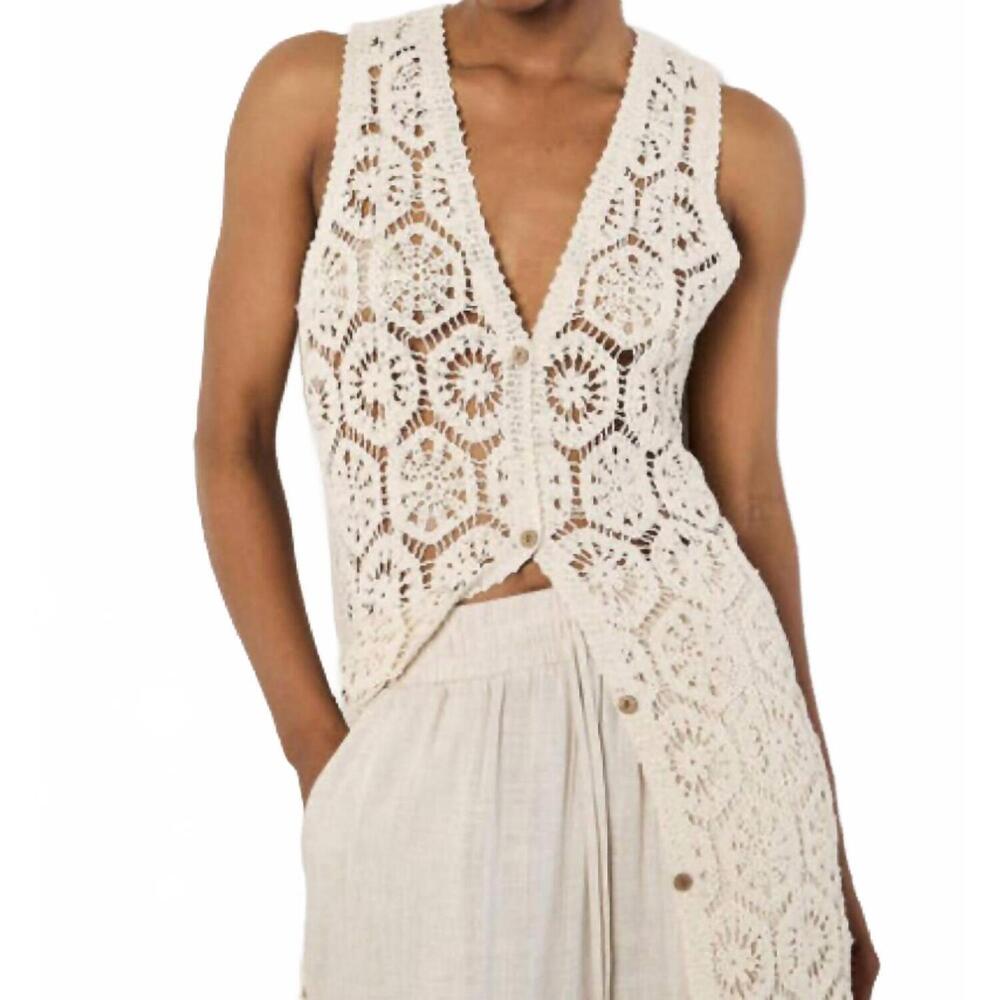 NEW APRICOT crochet longline sleeveless cardigan in stone